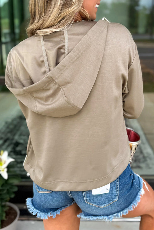 Contrast Bow Embroidered Satin Drawstring Zip Front Hooded Drop Shoulder Jacket